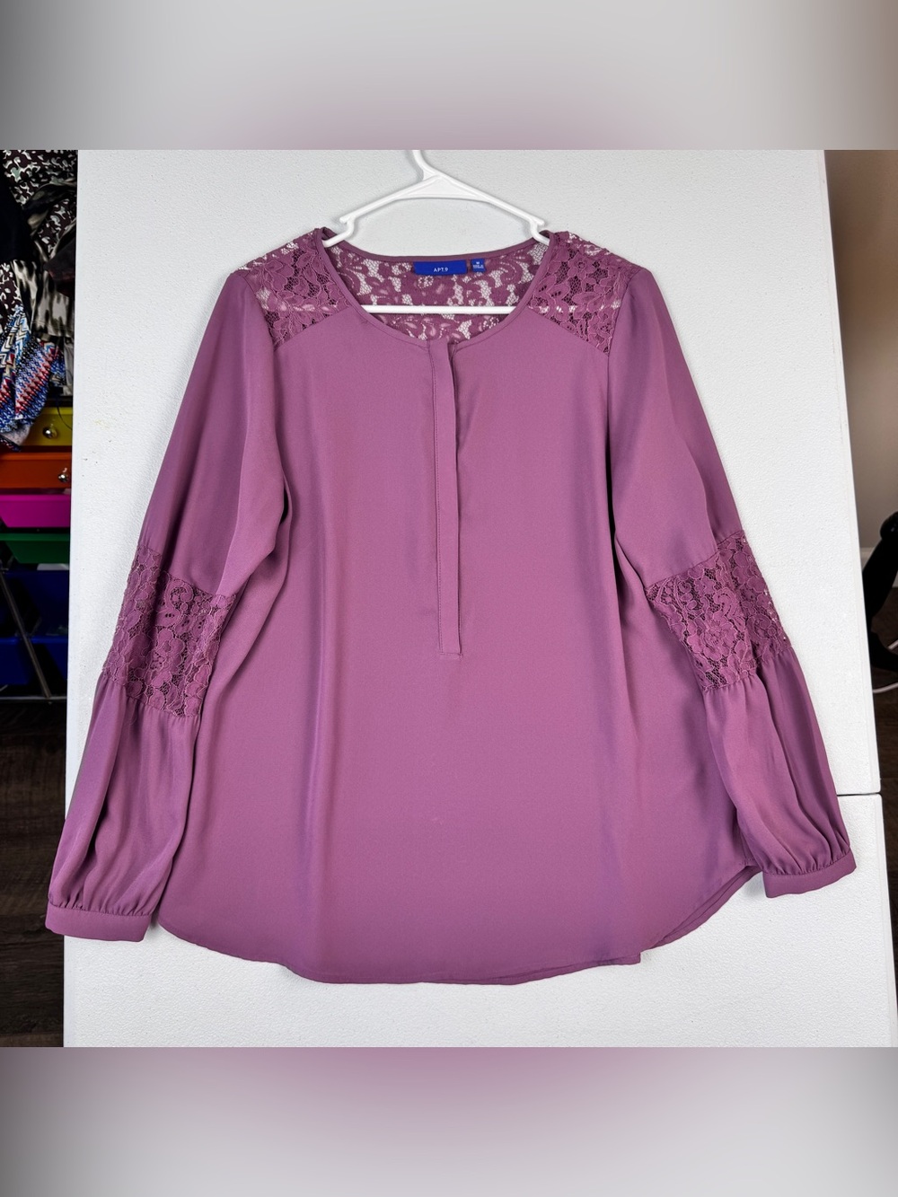 Apt 9 Blouse Womens M Medium Lace Insert Long Sleeve Victorian Violet